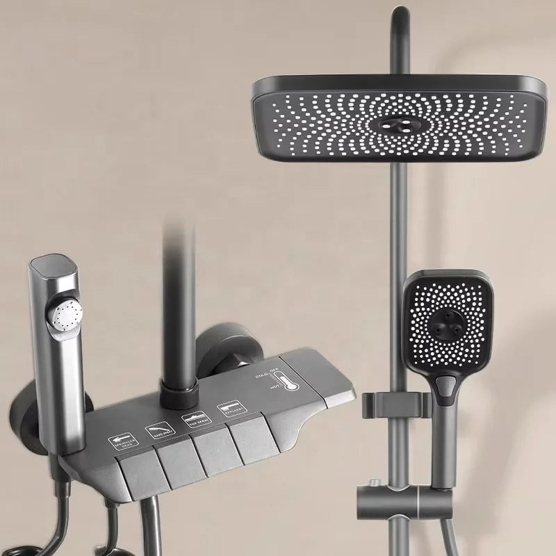 New Top 1 Cheap Gun Gray Hot Cold Wall Mounted Bathroom Shower Faucet Rain Rainfall Bathtub Mixer Piano Black Shower System Set