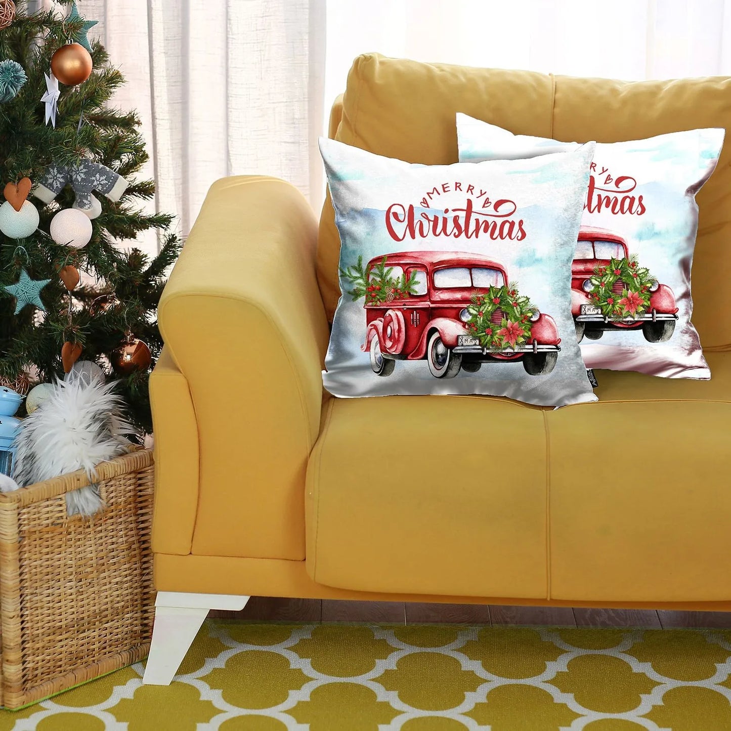 HMS Set of Two 18\" Vintage Luxury Red White Merry Christmas Holiday Van Fabric Throw Pillow Covers Eco-Friendly Metallic Style