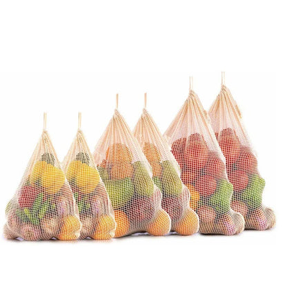 Recycled Reusable Cotton String Mesh Net Shopping Bag Long Handle Fruit Vegetable Grocery Produce Tote for Daily Life Letter