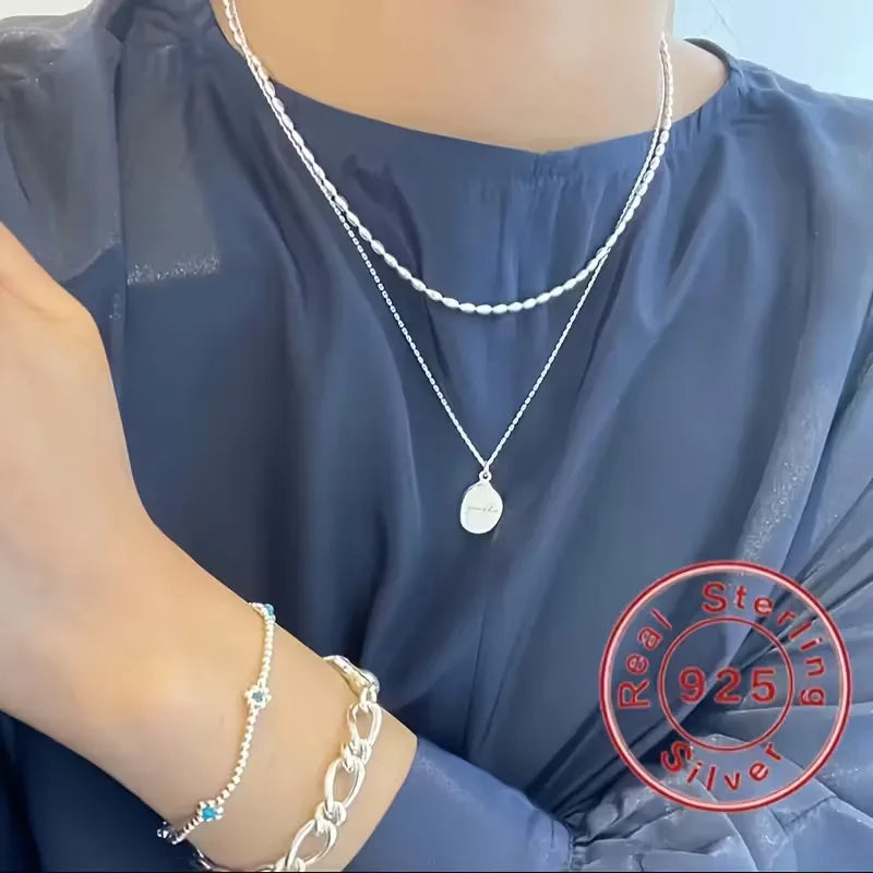 Lanshang S925 Sterling Silver Necklace for Women Olive Oval Beads Fine Chains Necklaces Beaded Design