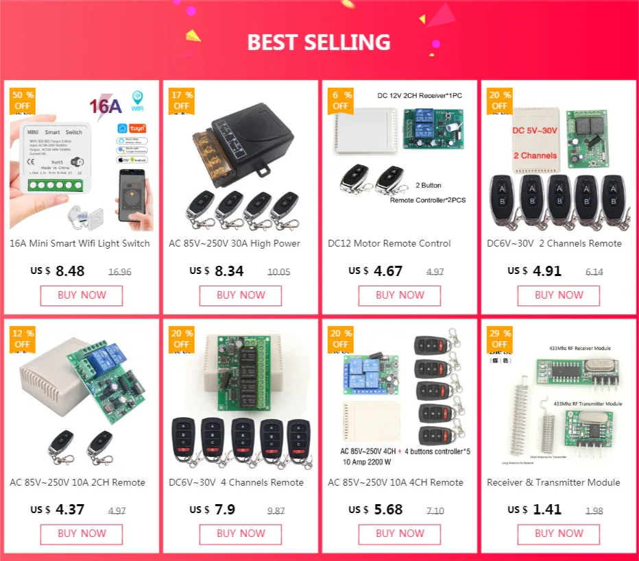 433Mhz RF Remote Control Circuit Universal Wireless Switch DC 5V 12V 24V 2CH rf Relay Receiver and Keyfob Transmitter for Garage