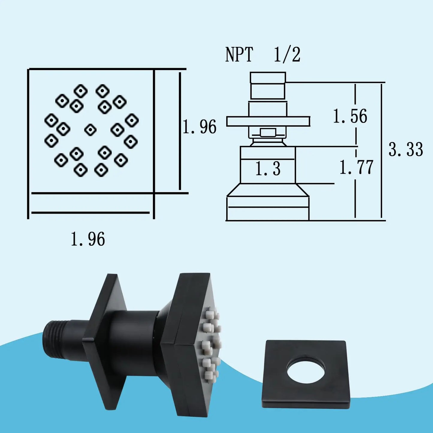 High Pressure Wall Mount Brass Square Showerhead Spa Massage Shower Sprayer Nozzles 2-Function Shower Body Sprays Jet