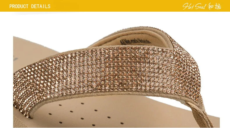 Best Selling Womens Slides Quality Rhinestone Slope Heel Flip-flops Non-slip Elastic Insoles Korean Fashion Summer Sandals