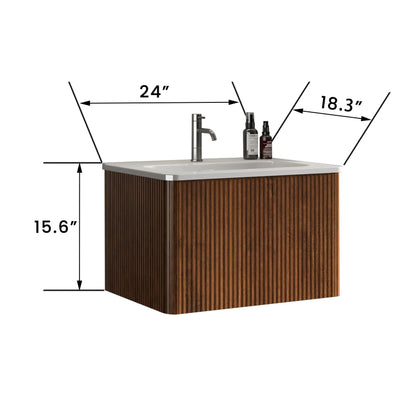 Homein 24 in White+Walnut Bathroom Vanity with Sink, Wall Mounted Melamine Floating Cabinet with Striped Push-open Drawers