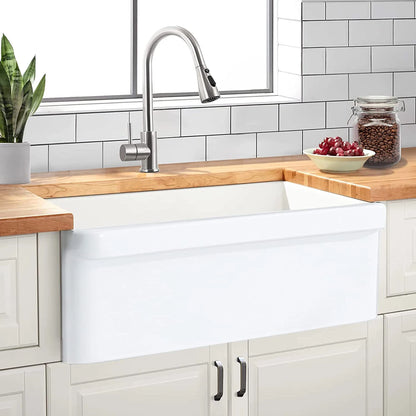 Luxury Unique Design Ceramic Farm Kitchen Sink with Strainer & Protective Bottom Grid