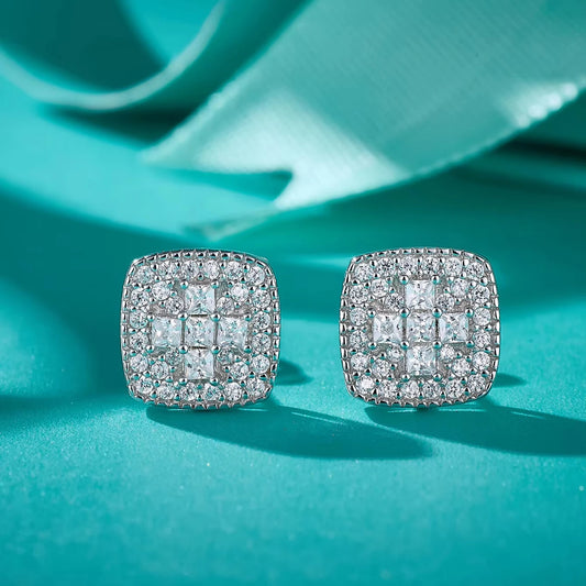 Hot Selling Cushion Cut Moissanite Diamond Stud Ring and Square Earrings Trendy Unisex Gift for Women Men Anniversary Party