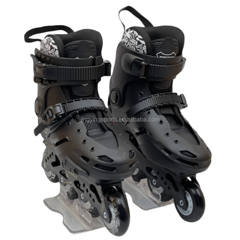 Jing Stock Urban Freestyle Slalom Black White 4 Wheels Hard Boot Roller Inline Skate for Adult