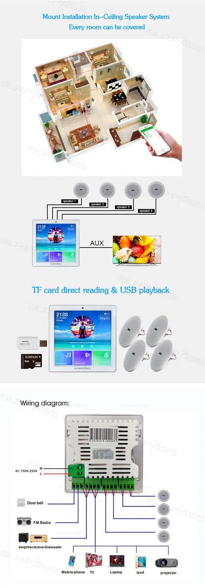 Bluetooth Wall Amplifier Smart Home Audio Mini Touch Screen 4*20W Stereo Sound Music PA System Loudspeaker Ceiling Speaker  suit