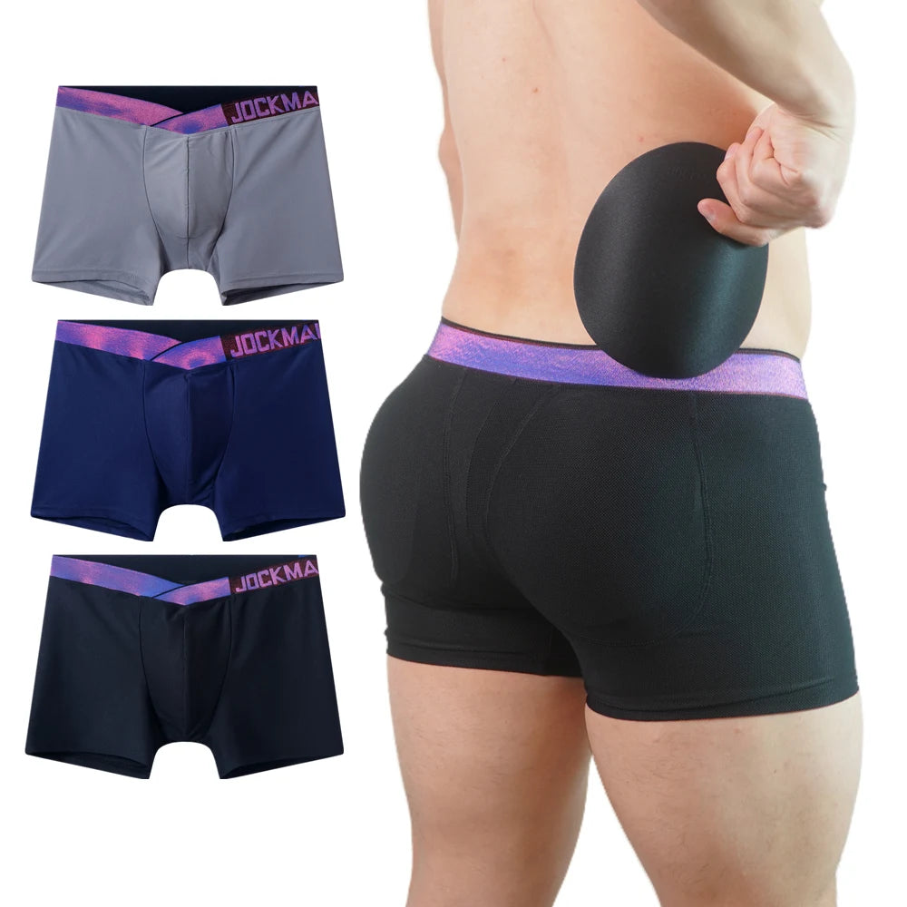 Buttock Lift Men's Low-Rise Boxer Briefs Breathable Knitted Fabric Removable Padding Health Club V-shaped Waistband Waist Logo