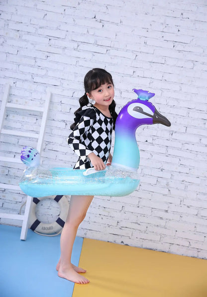 Peacock Lovely Eco-friendly PVC Inflatable Bubble Bottom Sequin Seating Swim Ring for Kids Water Sport