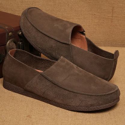 Men Suede Loafers Toe Slip-On Cow Leather Genuine Leather Lining Rubber Outsole Light Weight Solid Pattern Walking Style Shoes
