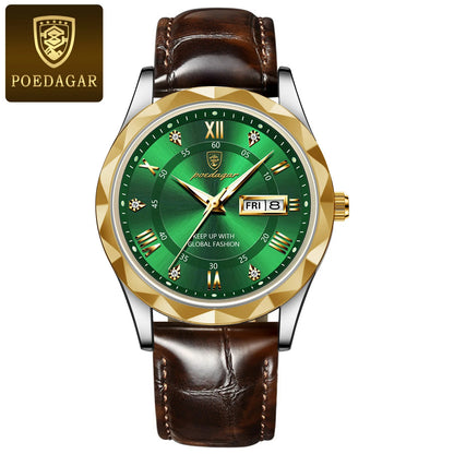 POEDAGAR Watches for Men Classic Luxury Week Display Sports Quartz Watch Mens Waterproof Leather Band Date Wristwatches Male