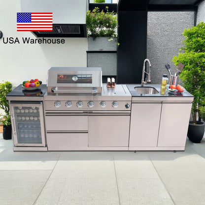 Usa Warehouse Luxury 304 Stainless Steel Bbq Modular Outdoor Kitchen Cabinet Set With Sinks Fridge