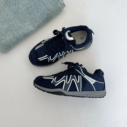 Navy Blue Ballet Sports Style Sneakers, Women Lace-Up Flat Casual Trainers, Breathable Versatile Elegant Tennis Daily Shoes