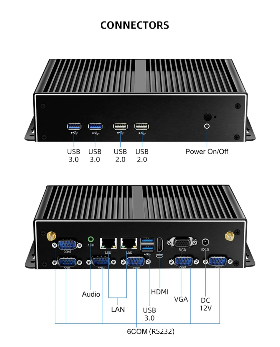 Industrial Mini PC Fanless Dual LAN 6x COM-RS232 Support 1x RS485 Intel I7-5500U Celeron J1900 SIM Slot Mini-PCIe Windows Linux