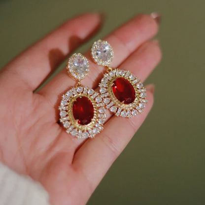 Plbaca Gold Plated Drop Earrings With Red Zircon And Crystal Rhinestone Bezel Setting For Women Party Classic Style