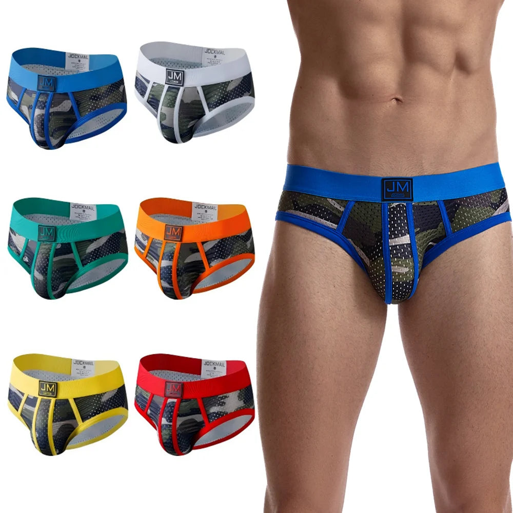 For Camouflage Print Color-Block Briefs Knitted Breathable Quick Dry Anti-Bacterial Low Rise Men's Underwear