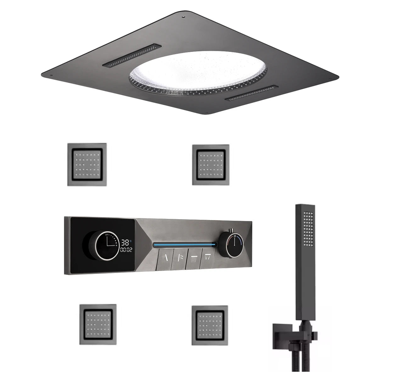 LED Full Body Smart Ceiling 4 Ways Function Digital Thermostatic Rainfall Waterfall Shower Jets System Set with Body Jets