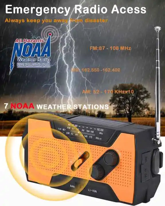 CE Certified 2000mAh Solar NOAA Radio LED Multi-Power Source for Wildfire Safety Flashlight Clock Internet Radio FM Radio