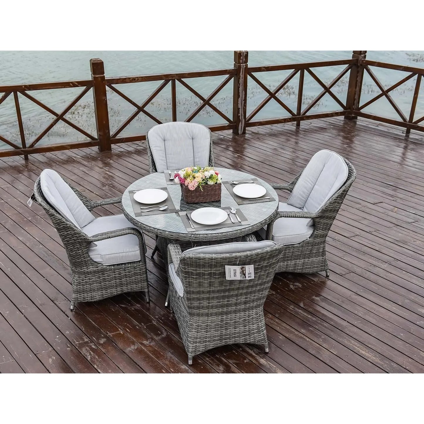 HMS Five-Piece Extendable Dining Set Modern Round Gray Glass Wood for Kitchen Living Room Hotel or Outdoor Home Furniture