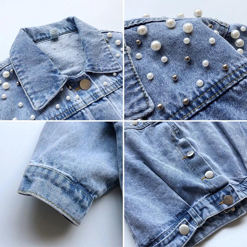 Pearls Beading Denim Jacket For Girls Fashion Coats Children Clothing Autumn Baby Girls Clothes Outerwear Jean Jackets Coat