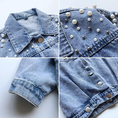 Pearls Beading Denim Jacket For Girls Fashion Coats Children Clothing Autumn Baby Girls Clothes Outerwear Jean Jackets Coat