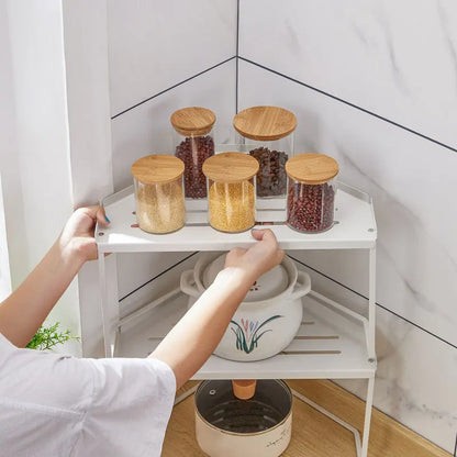 2 Tier Corner Countertop Organizer Stackable Save Space Storage Shelf Pot Spice Rack Under the Sink Holder for Kitchen Bathroom