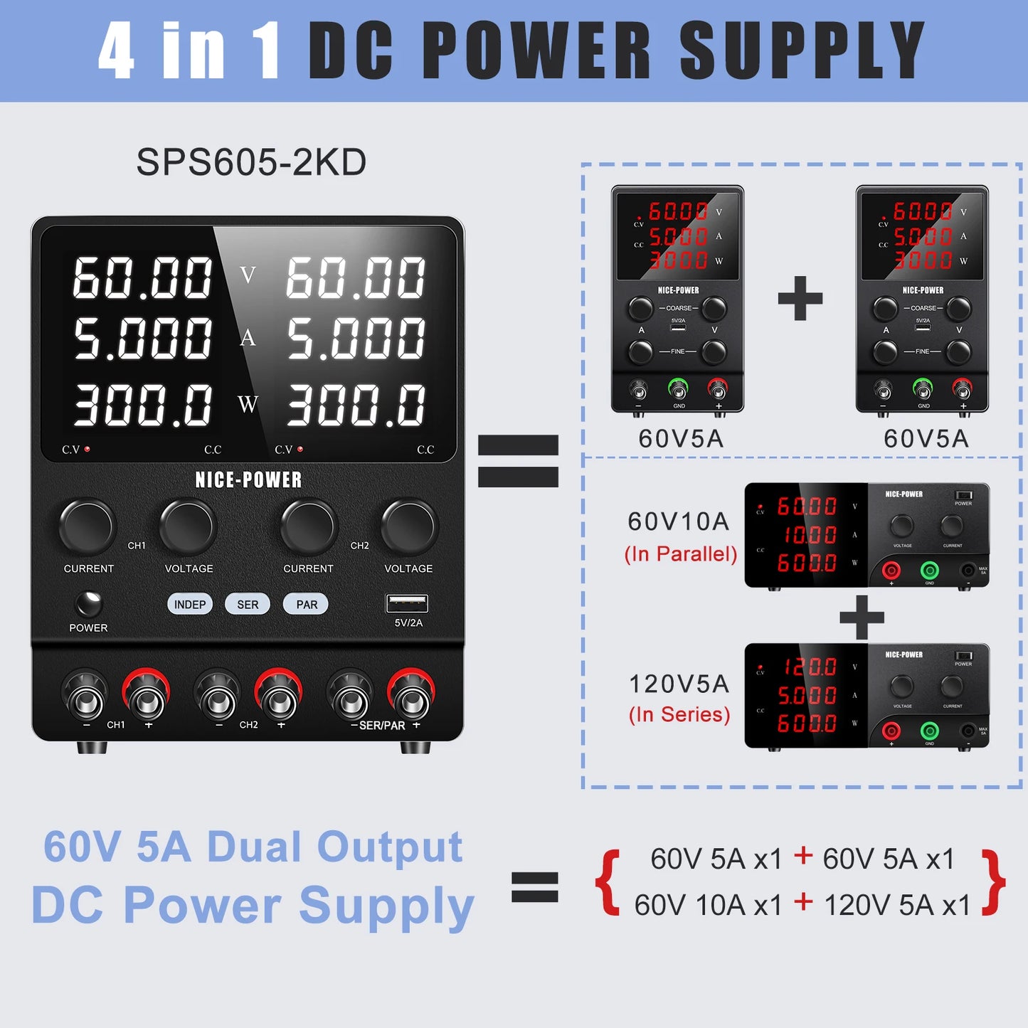 NICE POWER SPS605-2KD  DC Regulated Switching Power Supply 60V 10A 120V 5A 600W Adjustable Dual Channel Lab Digital Power Supply