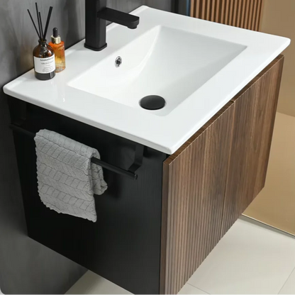 US Warehouse Floating Storage Cabinet Combo W/ Black Towel Rack, Black&Walnut 24" Wall-mount Bathroom Sink Vanity