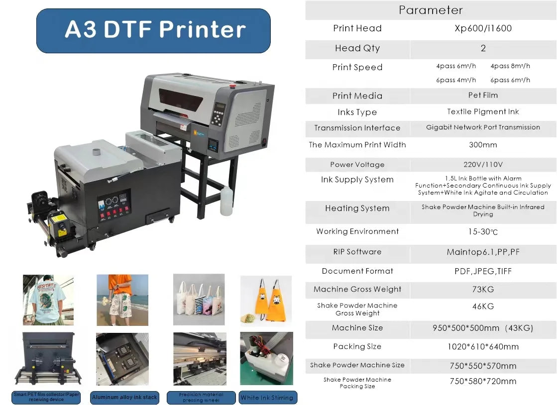 Multicolor XP600/I1600 DTF Impresora Printer with Shaker Pigment Ink Automatic A3 Roll DTF Printer 300mm Print Dimension