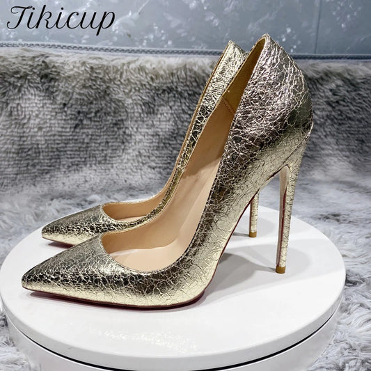 Tikicup Gold Matte Crocodile Effect Women Pointy Toe High Heel Wedding Party Shoes 8-12cm Gorgeous Stiletto Pumps Customizable by PDG ibma