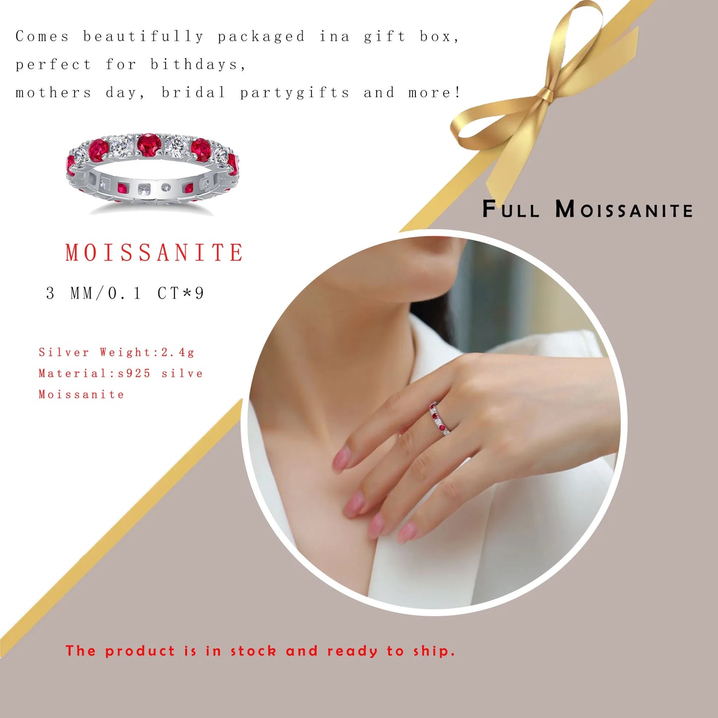 18K Gold & 925 Sterling Silver Plated Red & White Eternity Band 3mm Moissanite Ring Stackable Jewelry for Women Great Gift Idea
