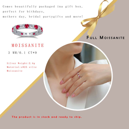 18K Gold & 925 Sterling Silver Plated Red & White Eternity Band 3mm Moissanite Ring Stackable Jewelry for Women Great Gift Idea