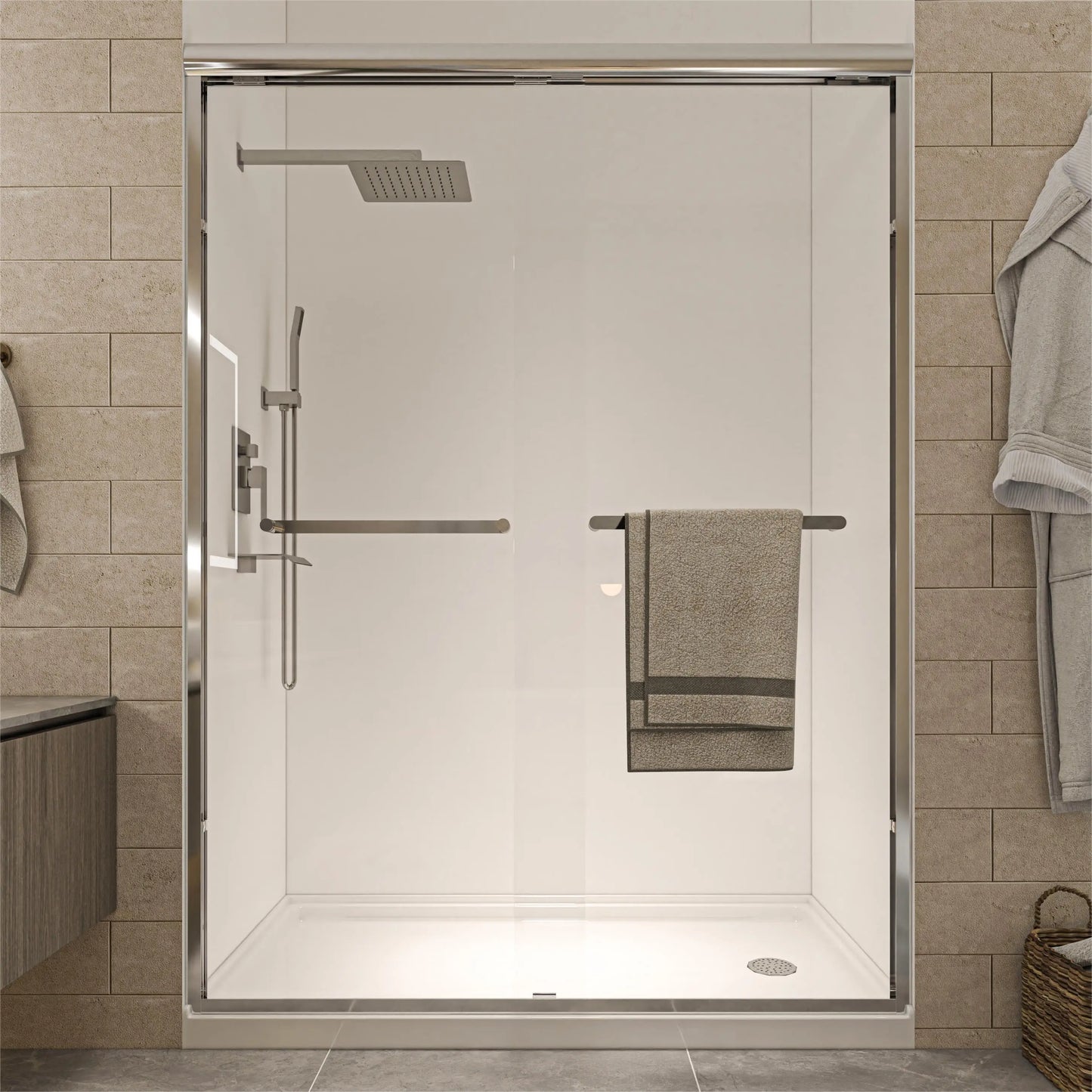 Tempered Glass Shower Door, Double Handle Design, Leak-Proof & Easy to Clean