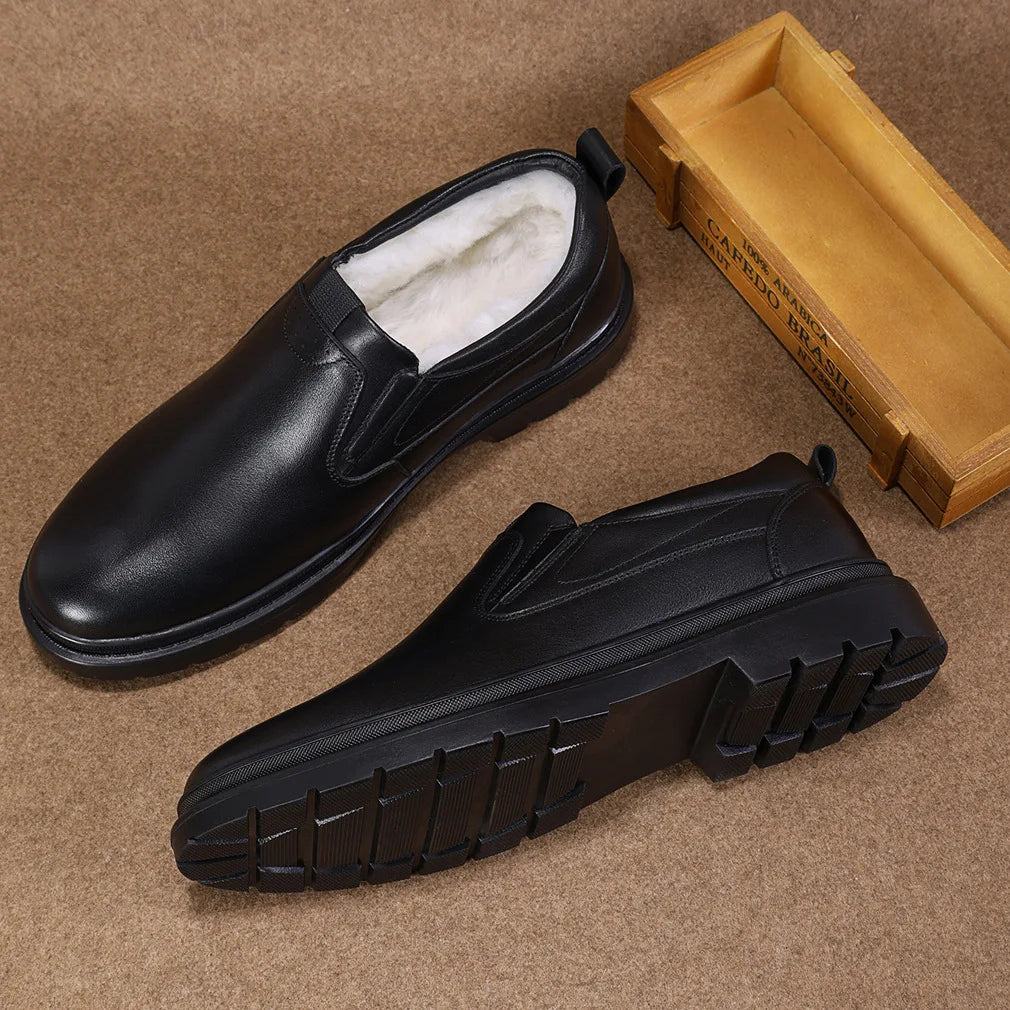 Men Winter Warm Genuine Leather Slip on Shoes Round Fur Lining Rubber Outsole Comfortable EVA Midsole