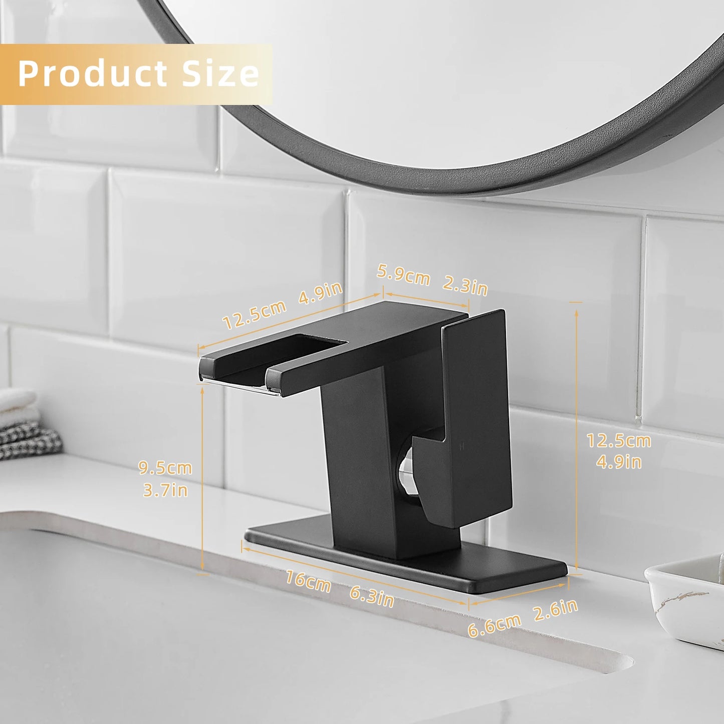 LED Modern  1-Hole Black 304 Stainless Steel Waterfall Bathroom Faucet Anti-Rust Lead Free Basin Faucet with Deck Plate