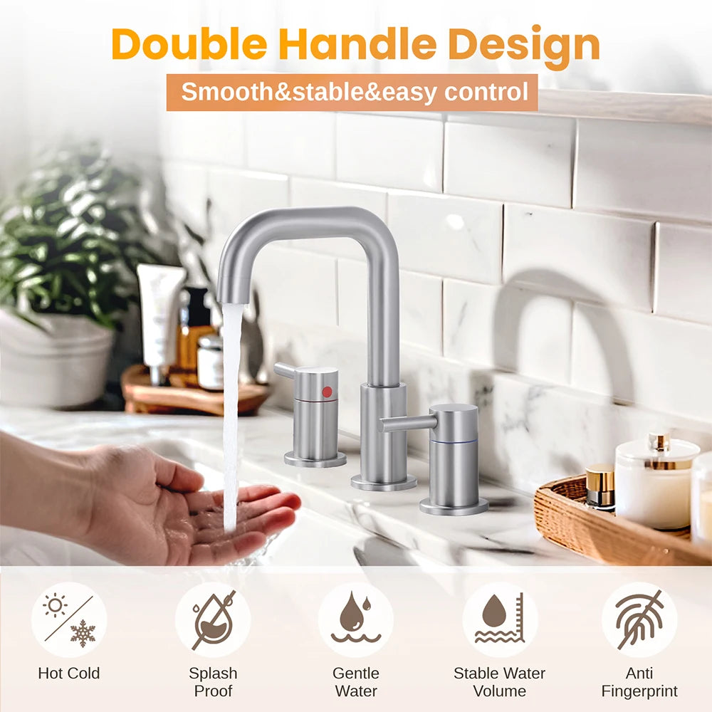 Modern Bathroom Vanity Faucet Basin Mixer Tap 360 Swivel Spout Deck Mounted Three Hole Double Handle Wash Basin Faucet