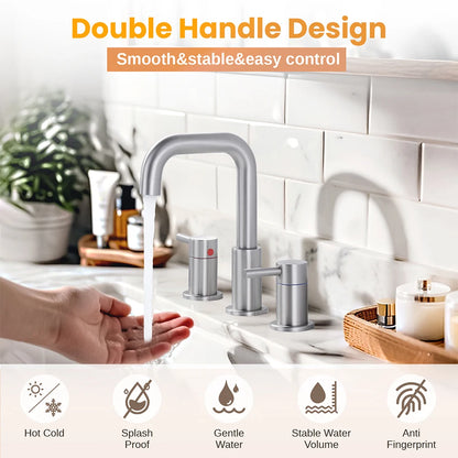Modern Bathroom Vanity Faucet Basin Mixer Tap 360 Swivel Spout Deck Mounted Three Hole Double Handle Wash Basin Faucet