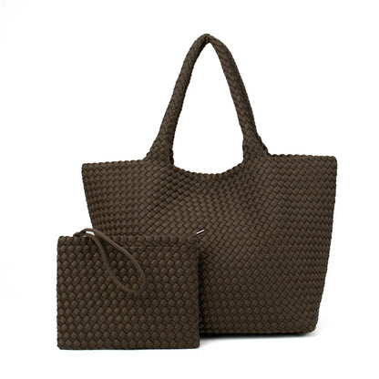 2 Pcs Set Fashion Casual Shoulder Waterproof Lady Woven Purse Hobo Women Neoprene Tote Bag Large Capacity Patchwork Handbag