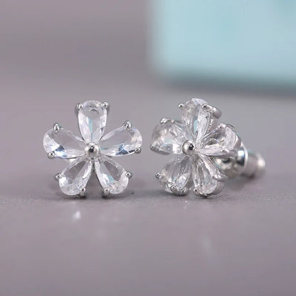 Silver Plated Blue Gemstone Flower Stud Earrings For Women Party Fashion Jewelry Alloy Earring With Claw Setting