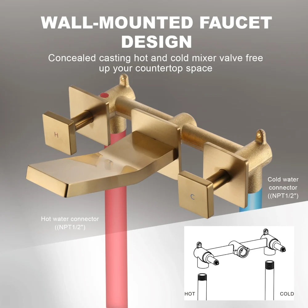 Brushed Gold Vessel Sink Faucet 2 Handles Basin Mixer Tap Rough in Valve Included, 3 Holes Bathroom Faucet Wall Mount
