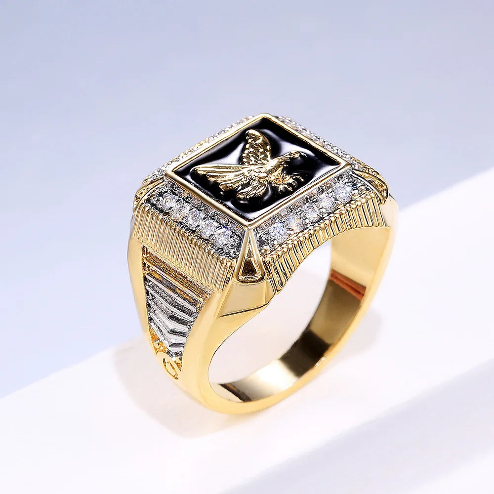 H104 Men's 22k Gold Plated Diamond Ring With Eagle Design Black Inlay Everyday Wear Jewelry