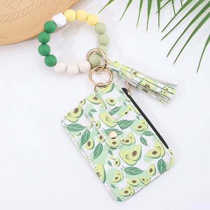 2025 New Fruit  Pattern Leather  Bracelet Fringe Key Chin Card Bag Document Wrist Portable Keychain  Zipper Card Holder Wallet