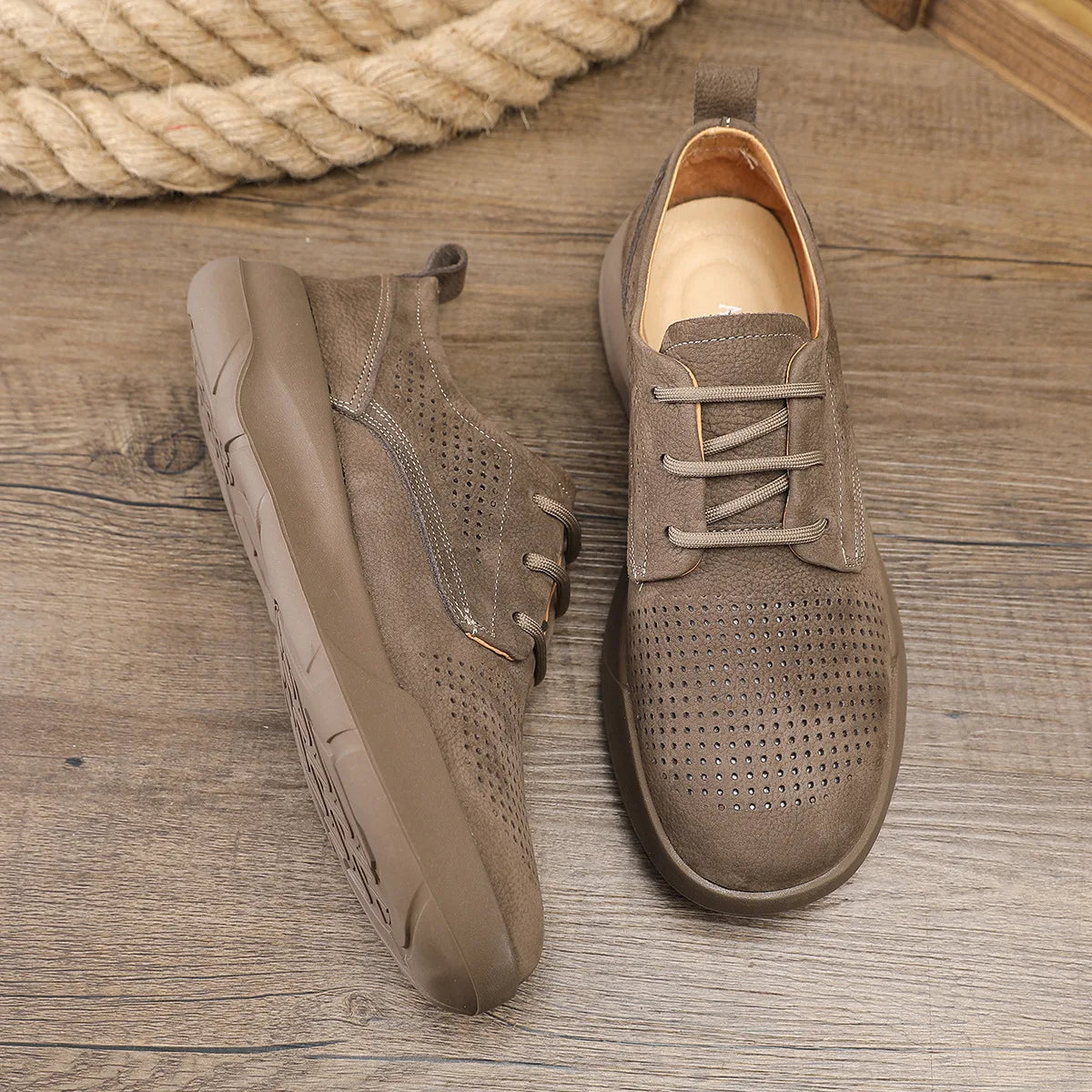 Leather Lace-up Men's Casual Shoes Round Toe Breathable EVA Sole Summer 38-44 Genuine Leather Lining