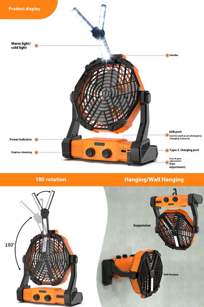 Portable Outdoor Solar Ventilation Fan for Camping for Tent Lighting Charging Dry Battery Four Wind Speed Fan Lighting Treasure