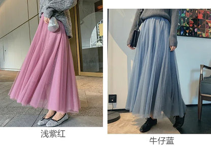 TingYiLi Elegant Tulle Skirt Autumn Winter Big Swing Women Skirt Korean Cute Pink Green Gray Blue Brown Black Long Skirt Tutu