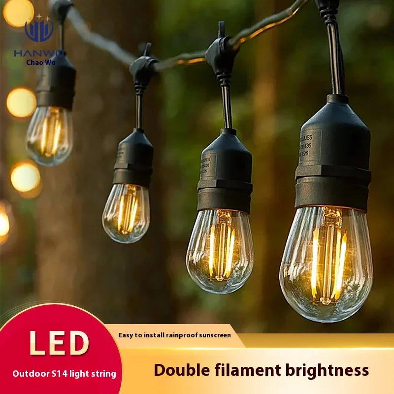 Outdoor LED Double Filament S14 String Lights Rainproof E27 EU/US Standard IP65 for Christmas Atmosphere Marquee Camping