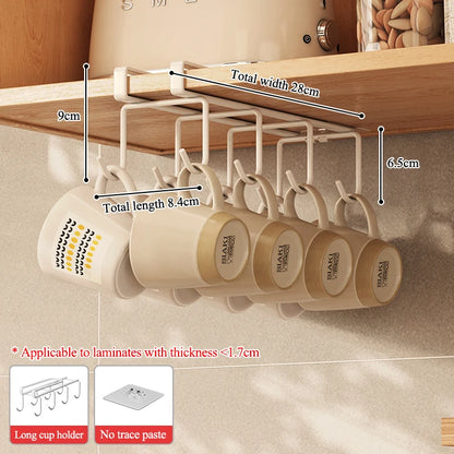 Punch-free Cabinet Lower Hook Kitchen Storage Coffee Cup Kitchen Utensils Hanger Upside Down Drip Cup Rack