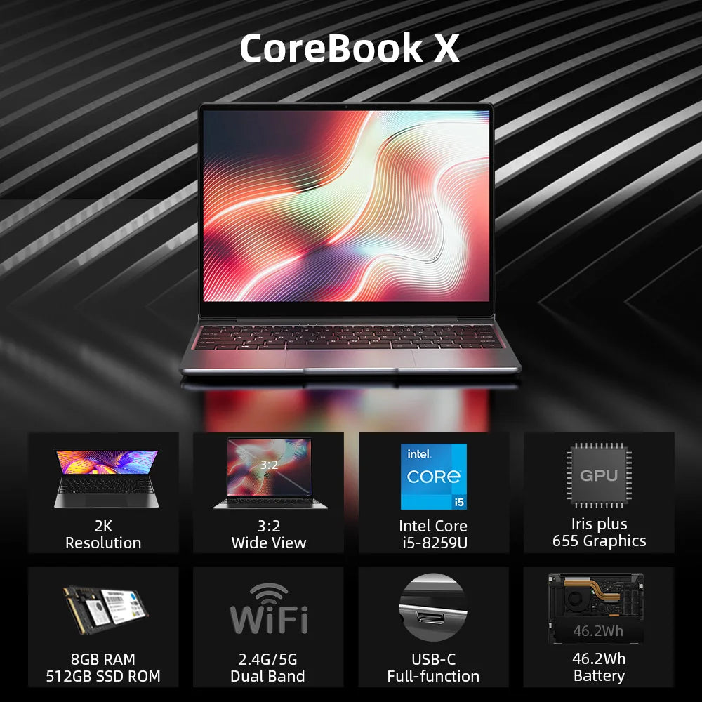 New CHUWI CoreBook X Intel Core I5-8259U Laptops 14 Inch 2160x1440 Resolution DDR4 8GB 512GB SSD Win10 Computer 46.2W Battery