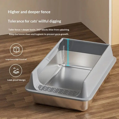 Stainless Steel Semi-closed Rectangular Cat Litter Box with Top-in Lid Anti-splash High Fence Pet Cleaning